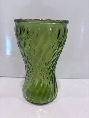 Vintage Olive / Avocado Green Optic Swirl Pressed Glass Vase - 8” Tall